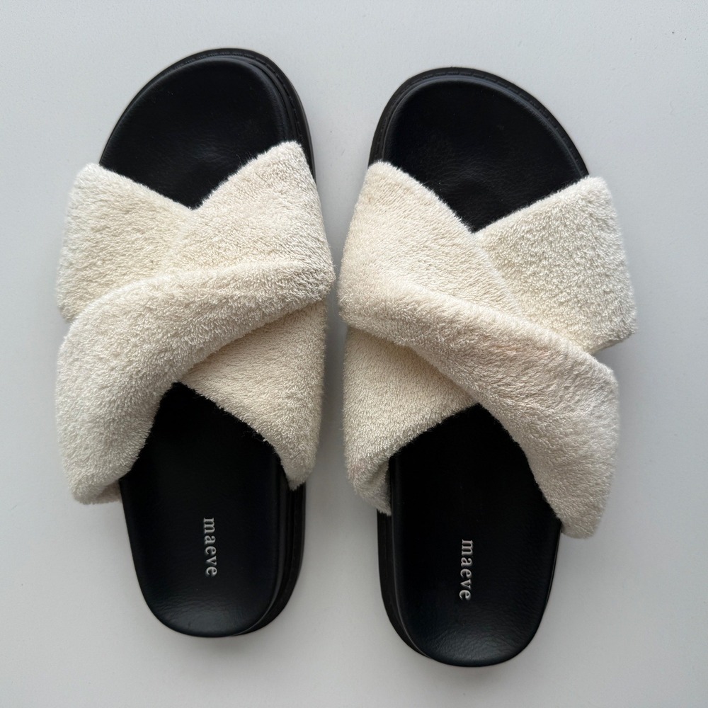 Anthropologie Maeve EUC‎ Terry Criss Cross Strap Cream Slip On Slide Sandal sz 8